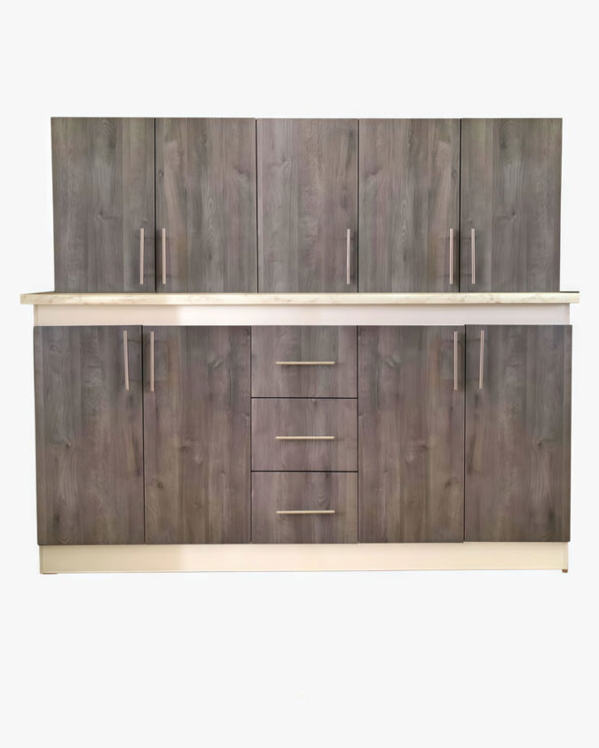 Conjunto de cocina melamina base 180 cm y aéreo 5 puertas color maple con cubierta granito negro brillante
