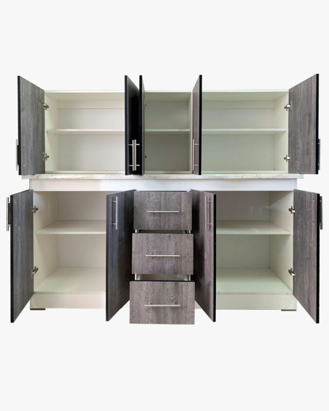 Conjunto de cocina melamina base 180 cm y aéreo 5 puertas color maple con cubierta granito negro brillante