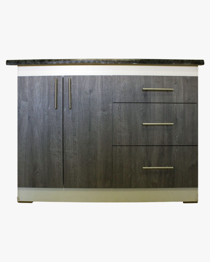 Mueble base de cocina melamina 120 cm con 2 puertas y 3 cajones color maple con cubierta granito negro brillante