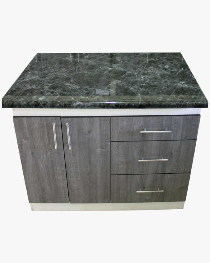 Mueble base de cocina melamina 120 cm con 2 puertas y 3 cajones color maple con cubierta granito negro brillante