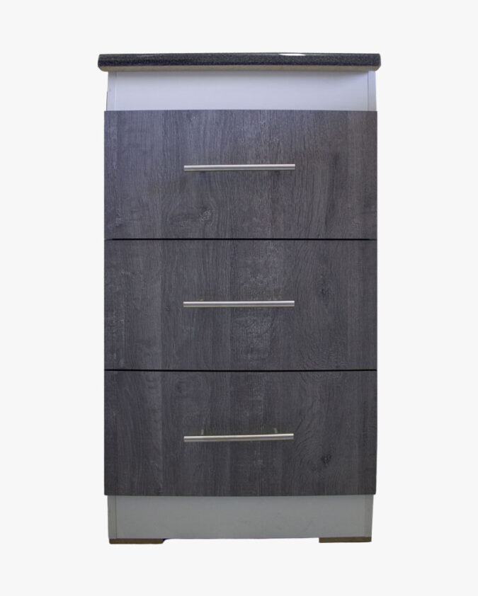 Mueble base de cocina melamina 50 cm con 3 cajones color maple y cubierta granito negro brillante