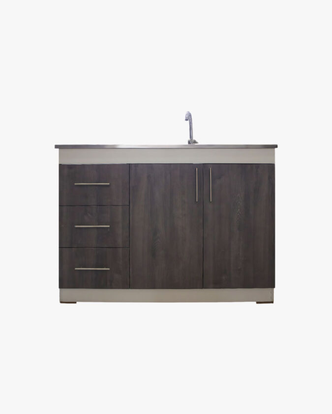 Mueble lavaplatos grande de 120 cm con 3 cajones y secador izquierdo en melamina