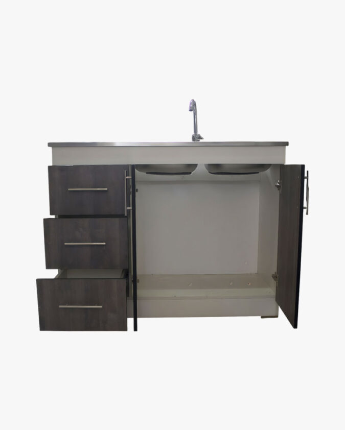 Mueble lavaplatos grande de 120 cm con 3 cajones y secador izquierdo en melamina