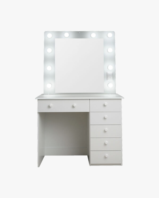 Tocador de maquillaje blanco de 100 cm con espejo y 10 luces led estilo Hollywood