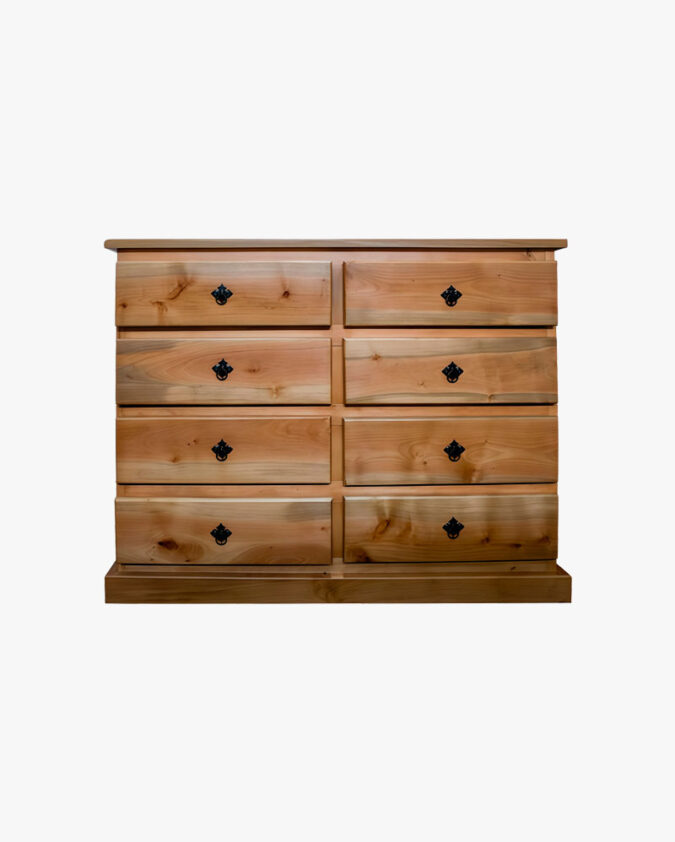 Cómoda de madera raulí natural 120 cm con 8 cajones estilo rústico elegante